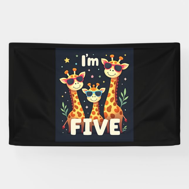 Cool Giraffe 5th Birthday Party 5 Year Old Toddler Banner (Horizontal)