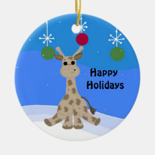 Cool Giraffe Happy Holidays Ceramic Ornament