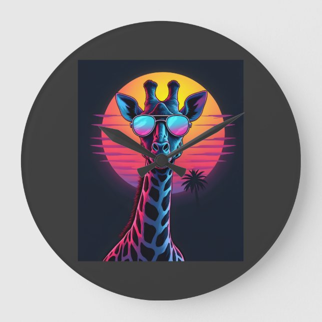 Cool Giraffe In Sunglasses Under Sunset Long Sleev Large Clock (Front)