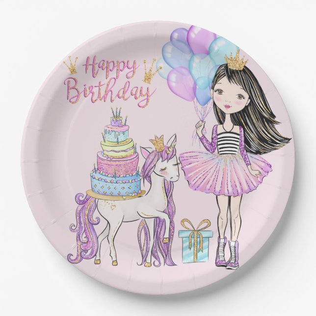 Cool Girl and Unicorn Princess Modern Birthday Paper Plate (Front)
