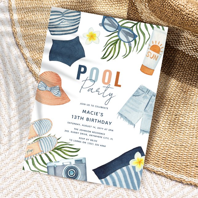 Cool Girl Pool Party Birthday Invitation (Girly Pool Party Birthday Invitation)