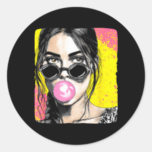 Cool Girl with Nice Sunglasses and Chewing Gum Classic Round Sticker