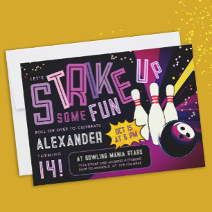 Cool Girly Bowling Strike Colourful Purple Party Invitation