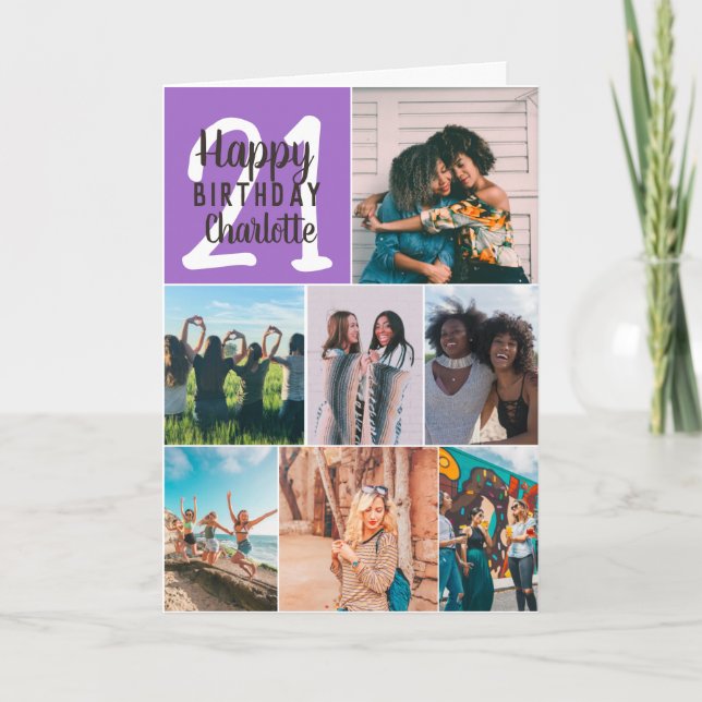 Cool girly purple photos collage grid 21 birthday card (Front)