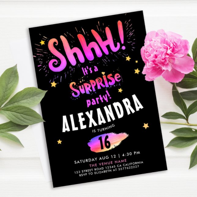 Cool Girly Surprise Party Sweet 16th Neon Glow  Invitation (Creator Uploaded)