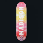 Cool Girly Tie Dye Custom Personalised Name Skateboard<br><div class="desc">Cool Girly Tie Dye Custom Personalised Name Skateboard features your personalised name in modern white typography on pink and yellow tie dye background. Personalise by editing the text in the text box provided. Give a custom made gift, personalised skateboard to your favourite skateboarder for Christmas, birthday or your BFF. Designed...</div>
