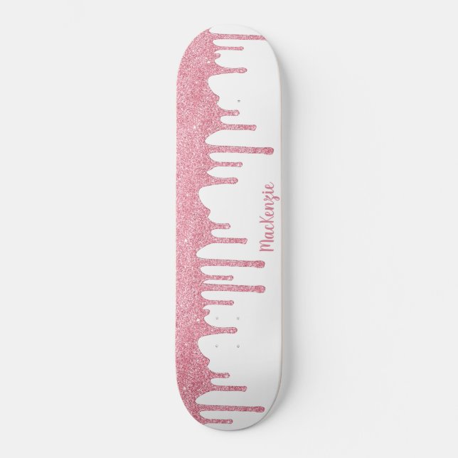 Cool Glam Pink Sparkle Dripping Glitter Skateboard (Front)