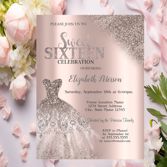 Cool Glitter Bokeh Dress Rose Gold Sweet 16 Invitation (Creator Uploaded)