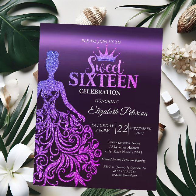 Cool Glitter Bokeh,Dress,Tiara,Purple Sweet 16 Invitation (Creator Uploaded)