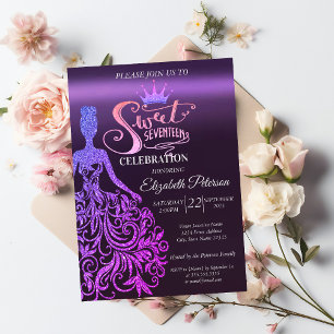 Cool Glitter Bokeh,Dress,Tiara,Purple Sweet 17 Invitation