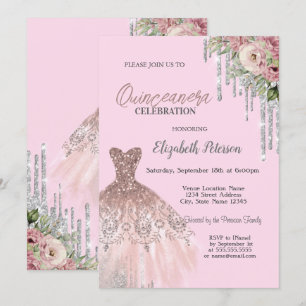 Cool Glitter Drips,Dress Floral Pink Quinceanera  Invitation