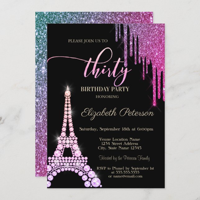 Cool Glitter Drips,Eiffel Tower Diamonds 30th Invitation (Front/Back)
