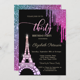 Cool Glitter Drips,Eiffel Tower Diamonds 30th Invitation