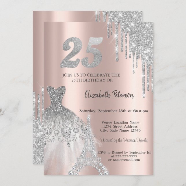 Cool Glitter Drips, Eiffel Tower Dress 25th Invitation (Front/Back)