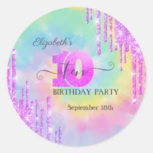 Cool Glitter Drips Tie Dye 10th Birthday   Classic Round Sticker