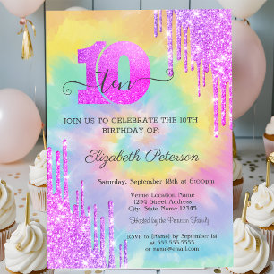 Cool Glitter Drips Tie Dye 10th Birthday Invitation