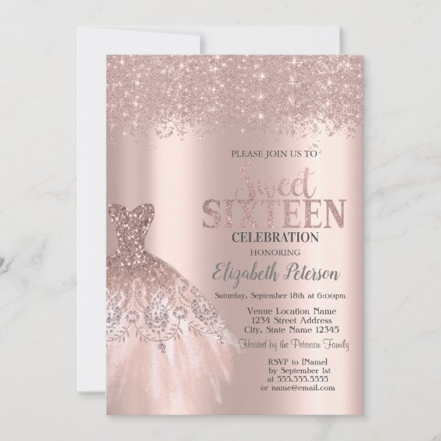 Cool Glitter Dust,Dress Rose Gold Sweet 16 Invitation (Front)