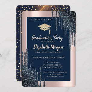 Cool Glitter Gradu Cap,Rose Gold Drips,Navy Blue Invitation