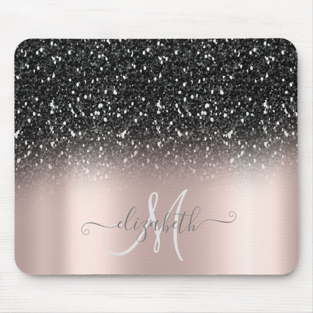 Cool Glitter Ombre Black Monogram Rose Gold Mouse Pad (Front)
