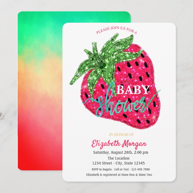 Cool Glitter Strawberry Baby Shower Invitation (Front/Back)