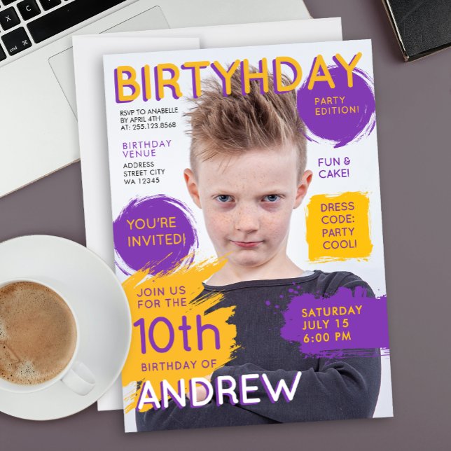 Cool Glossy Purple Yellow Magazine Cover Photo  Invitation (Creator Uploaded)