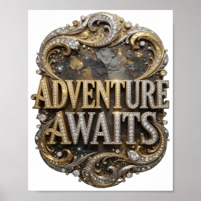 Cool Gold ADVENTURE AWAITS 3D Text Art Poster (Front)