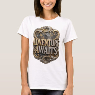 Cool Gold ADVENTURE AWAITS 3D Text Art T-Shirt
