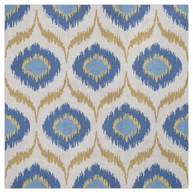 Cool gold and blue ikat tribal pattern fabric (Swatch)