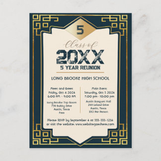 Cool Gold Art Deco 5 Year High School Reunion Postcard