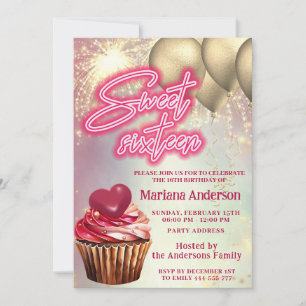 Cool gold balloon sparkle firework cupcake invitation