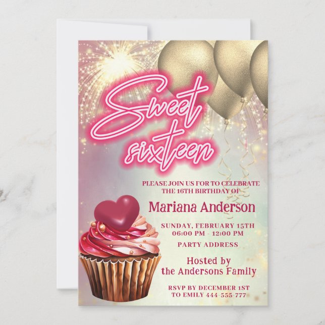 Cool gold balloon  sparkle firework cupcake invitation (Front)
