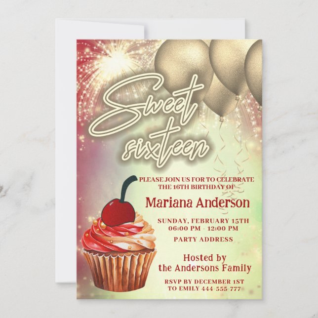 Cool gold balloon  sparkle firework cupcake invitation (Front)