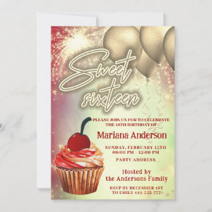 Cool gold balloon sparkle firework cupcake invitation