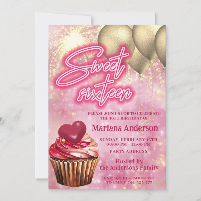 Cool gold balloon  sparkle fireworks cupcake invitation (Front)