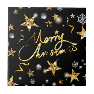 Cool Gold Black Stars Luxury Metallic Fashion Xmas Ceramic Tile