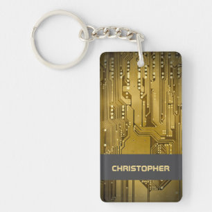 Cool Gold Computer Circuit Board Monogram Key Ring