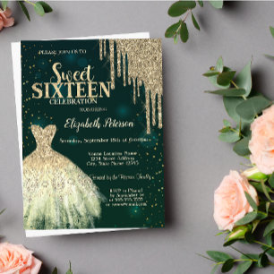 Cool Gold Glitter Drips,Dress Green Sweet 16 Invitation