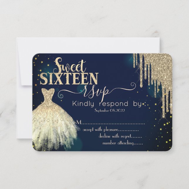 Cool Gold Glitter Drips,Dress Navy Blue Sweet 16 Invitation (Front)
