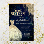 Cool Gold Glitter Drips,Dress Navy Blue Sweet 16  Invitation<br><div class="desc">Elegant gold dress and gold glitter drip on a navy blue background.</div>