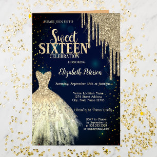 Cool Gold Glitter Drips,Dress Navy Blue Sweet 16  Invitation