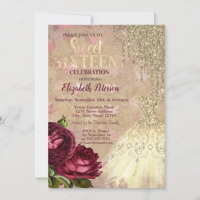 Cool Gold Glitter Drips,Dress Roses Sweet 16   Invitation (Front)
