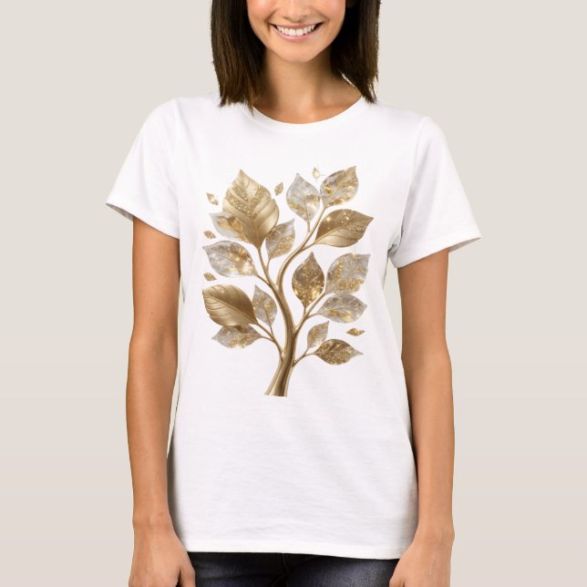 Cool Gold GOLDEN LEAF TREE Text Design T-Shirt (Front)