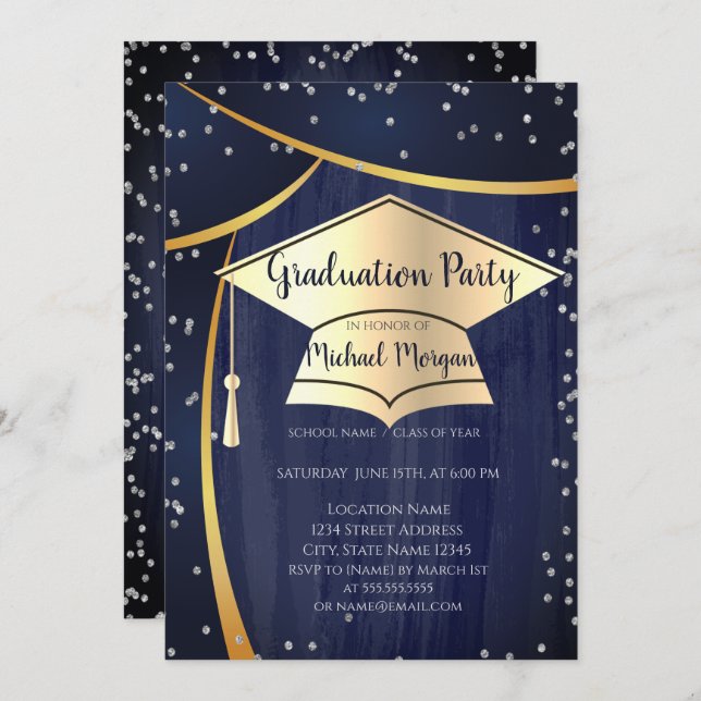 Cool Gold Graduation Cap,Diamonds Graduation Invitation (Front/Back)