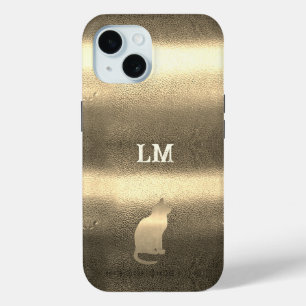 Cool Gold Look Cat Monogram Initials iPhone 15 Case