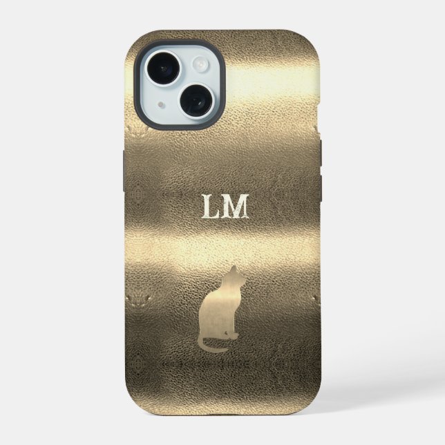 Cool Gold Look Cat Monogram Initials iPhone 15 Case (Back)