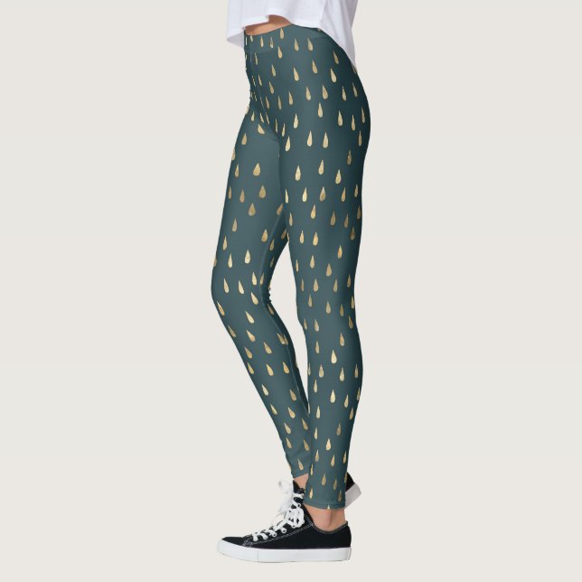 cool gold rain drops pattern womens black leggings (Left)