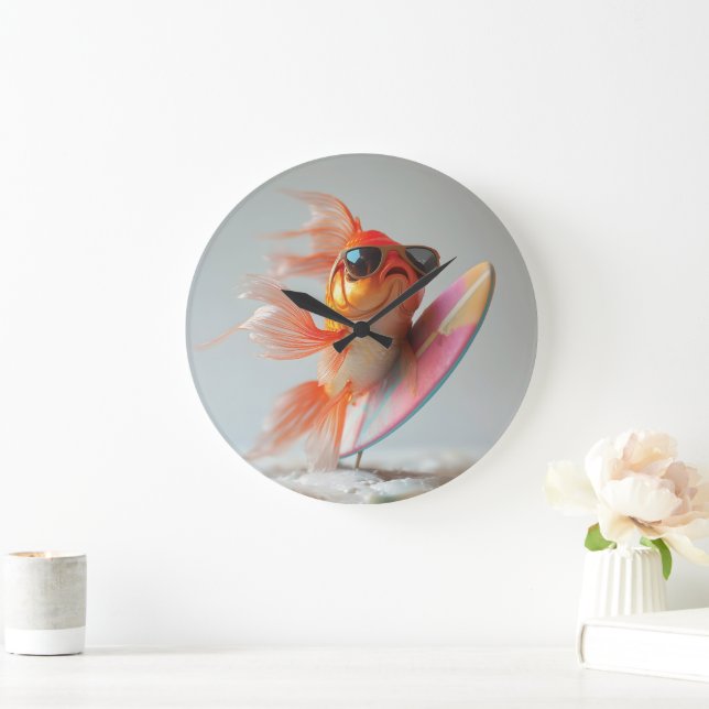 Cool Goldfish Surfing on a Wave Large Clock (Home)