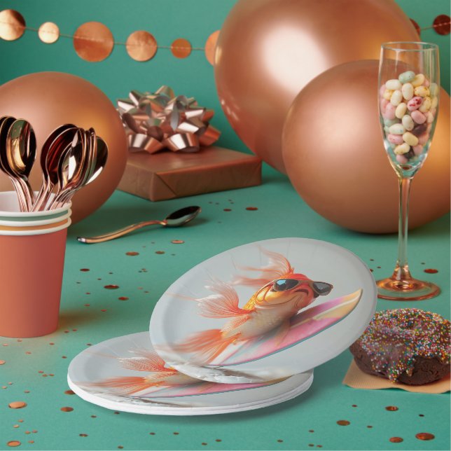 Cool Goldfish Surfing on a Wave Paper Plate (Multi)