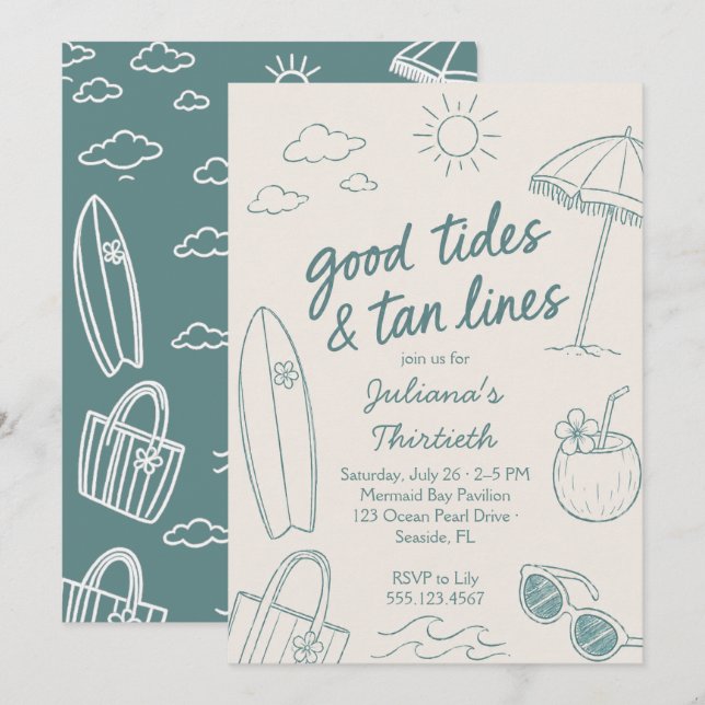 Cool Good Tides & Tan Lines Beach Celebration  Invitation (Front/Back)
