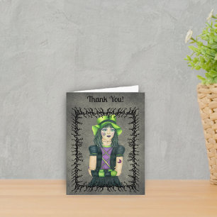 Cool Goth Girl Green Hat Tattoos Black Barbs Grey Thank You Card